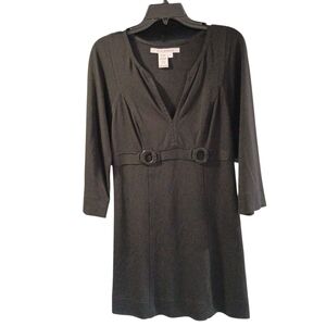 EUC Max Studio Black Knit Buckle Accent V-Neck 3/4 Sleeve Dress M Y2K 90s Vibes